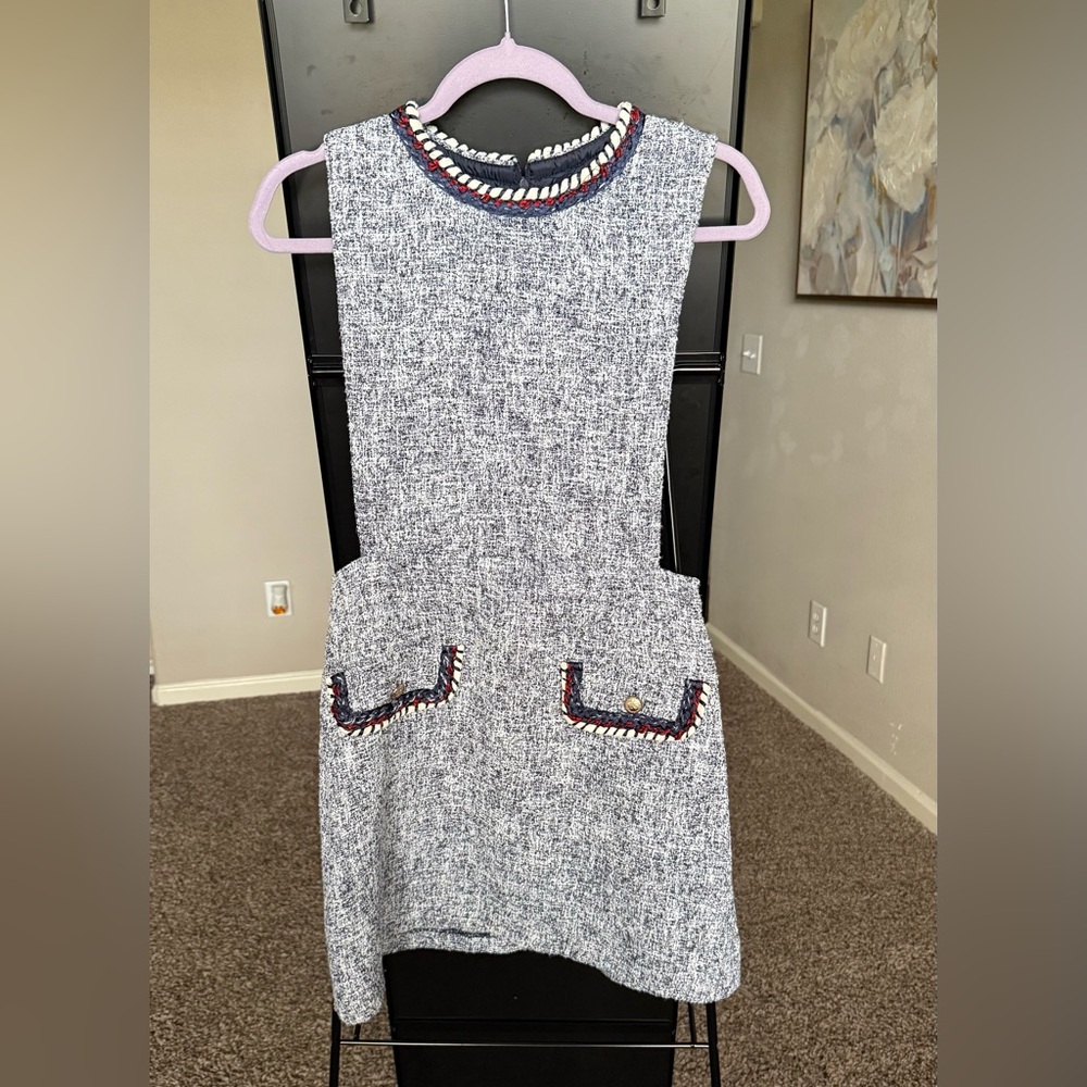 Zara Sleeveless Tweed Mini Dress in Grey with Navy & Red Trim